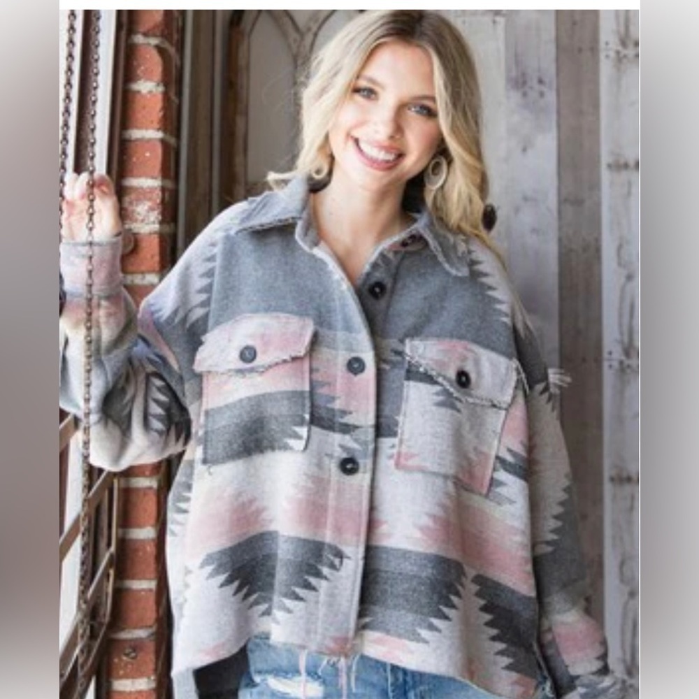 Veveret Aztec Knit Jacket grey and pink cropped size Medium